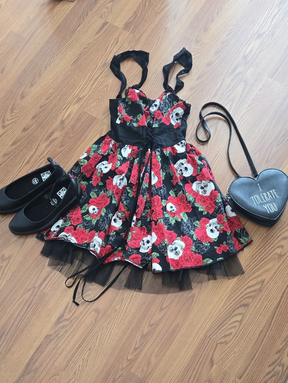 Hot Topic Black and Red Skull Rose Dress